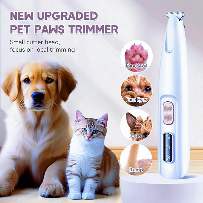 Micro Precision Dog Paw Trimmer, Pet Paw Trimmer with LED Light, Electric Pet Clippers Rechargeable, Grooming Shaver for Dogs Cats Rabbits Eyes Face Ears Feet Rump Hair, Paw Cleaner Waterproof (White)