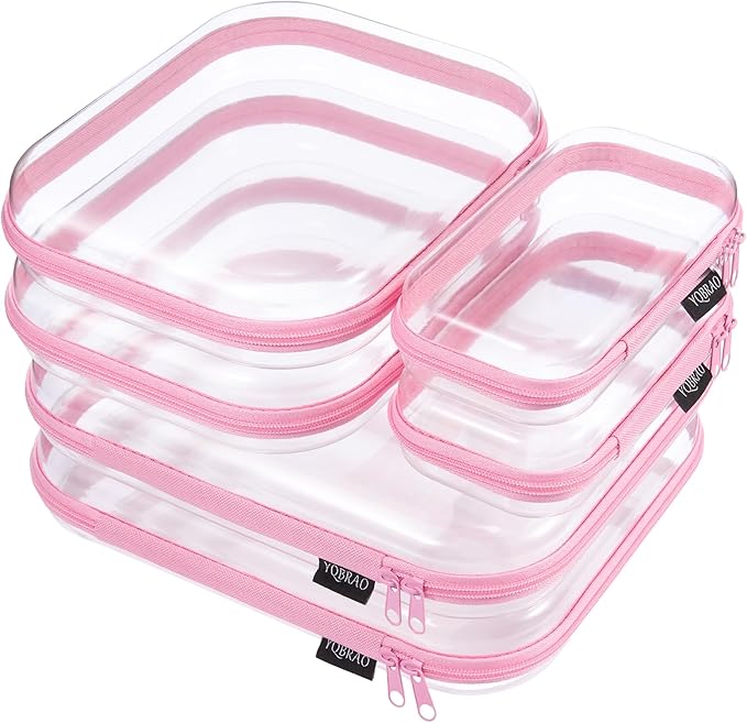 YQBRAO 6 Pack Soft Pink Clear Hard Shell Zipper Case, 1.2mm Crush-Proof Makeup Bag & Skincare Organizer, Heavy Duty Travel Pouches for Toiletries, Art Supplies & Daily Carry (2L+2M+2S)
