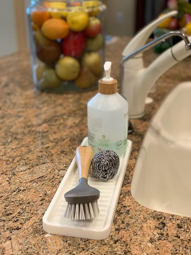 Happitasa Silicone Kitchen Sink Organizer Tray, Sponge Holder and Countertop Protector | Bathroom and Kitchen Soap Dish and Dispenser Tray (White, 12"x4")