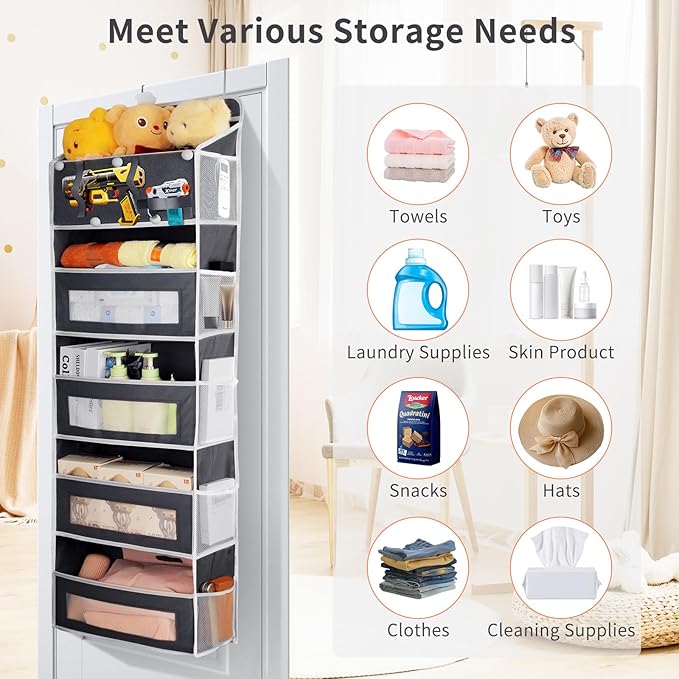 5-Tier Over the Door Storage Organizer with 5 Side Mesh Pockets, 40lbs Large Load Capacity with 2 Hooks Design, Door Hanging Organizer with Clear Windows for Closet Bathroom Bedroom Nursery - Grey