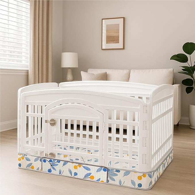 Dog Playpen Bottom Pad Fits for 36 Inch 4 Panels Exercise Pet Playpen, Dog Crate Pad Puppy, Hoop and Loop Design (Note: Playpen Not Included). (White Leaves)