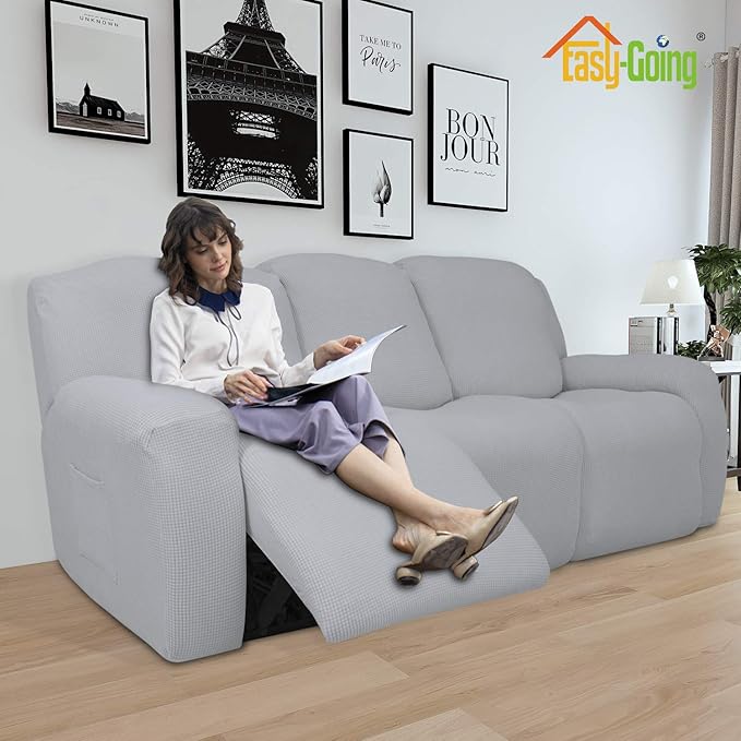 Easy-Going 8 Pieces Recliner Sofa Stretch Sofa Slipcover Sofa Cover Furniture Protector Couch Soft with Elastic Bottom Kids, Spandex Jacquard Fabric Small Checks Silver Gray