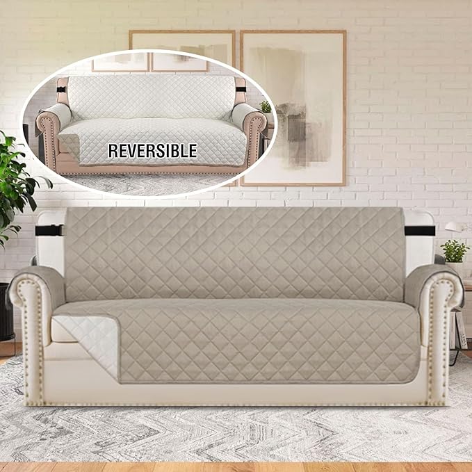 H.VERSAILTEX Reversible Sofa Cover Couch Cover for 3 Cushion Couch Water Resistant Furniture Protector for Pets Durable Sofa Slipcover with Non Slip Elastic Strap(Sofa, Khaki/Beige)