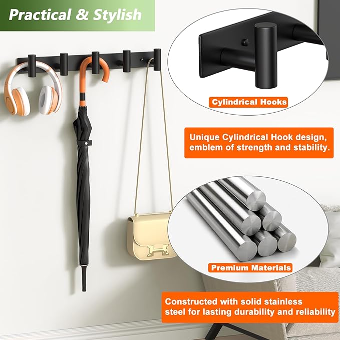 VINHOLD Wall Mounted Coat Rack-5 Hooks, Heavy Duty Stainless Steel Hook Rail for Towel Coat Hat Purse Bag Jacket, Towel Hooks for Entryway Bathroom Kitchen (Black 5 Hooks - 1 Pack)