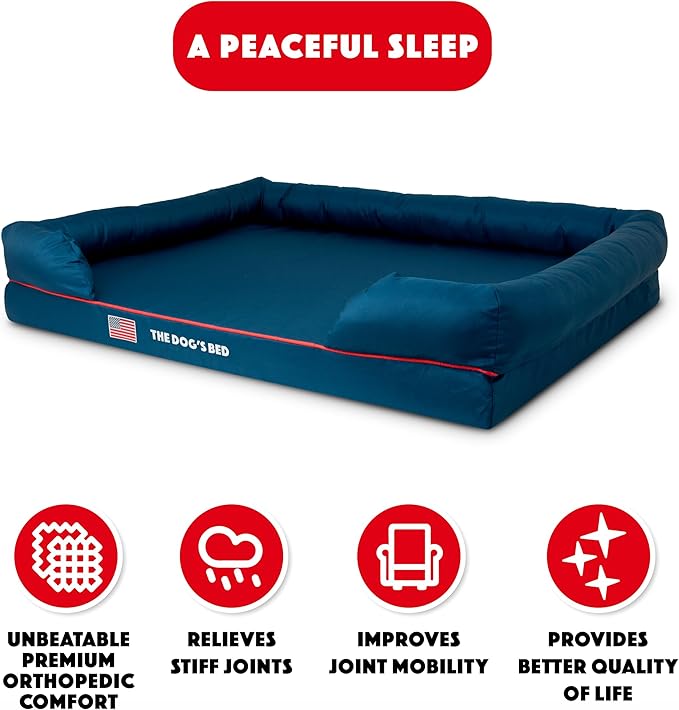 The Dog’s Bed, XXL Blue Oxford with Red Trim USA Flag Dog Bed, Memory Foam, Pain Relief: Arthritis, Post Surgery, Lameness, Supportive, Calming, Waterproof Washable Cover