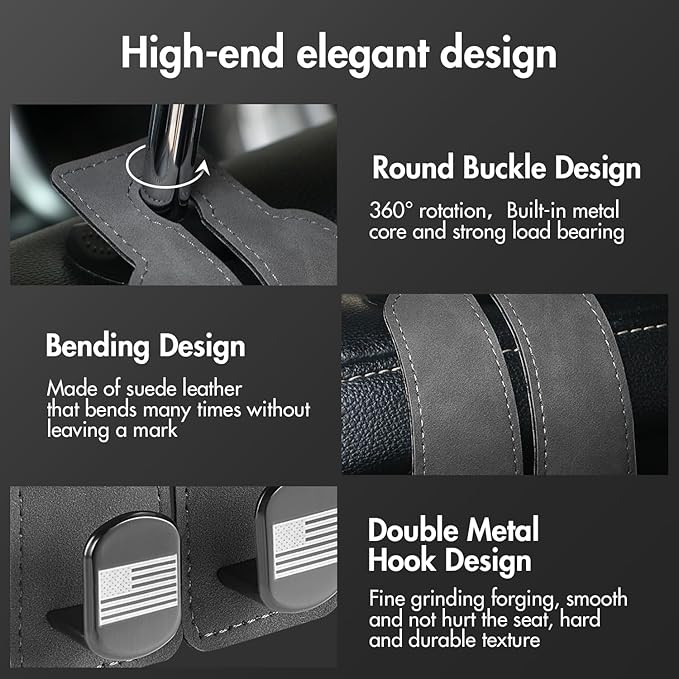 Car Seat Hooks for Headrest,Leather Car Purse Hook with American Flag,Fit for Universal Vehicle, 2 Pack (Grey)