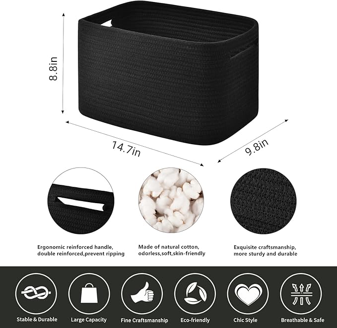 Storage Basket, Woven and Cotton Rope Baskets for Organizing, Decorative Book, Towel, Toy Baskets or Storage Bins for Living Room - 3 Pack, Black