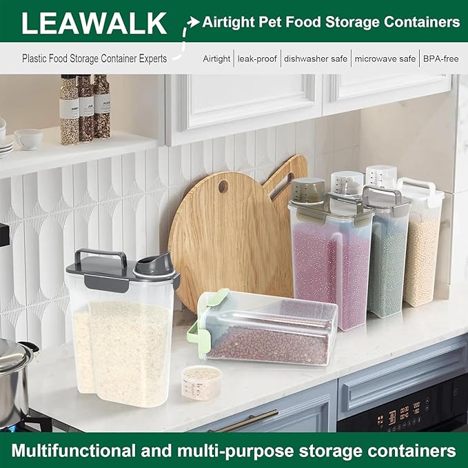 LEAWALK 5-7Lbs Cat Dog Storage Container, Portable Pet Food Containers with Upgraded Large Spout and Cup, Small Animal Kibble Dispenser for Bird Seed, Oatmeal, Rice, Flour (1, Dark Gray, 5L)