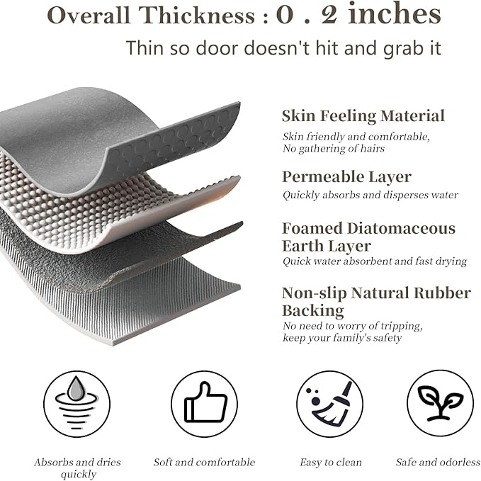 Diatomaceous Earth Bath Mat Rug Super Absorbent Diatomite Stone Bath Mat Non Slip Quick Dry Thin Bathroom Mat Fit Under Door, Floor Rugs in Front of Bathtub,Shower Room,Sink,17"x27.5", Grey