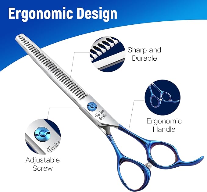 Fenice Peak Grooming Scissors for Dogs 7 inch Thinning Pet Grooming Scissors Ergonomically Designed Blue Handles Ideal Dog Shears for Precise Trimming Easy Use.