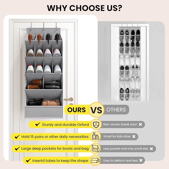 Over the Door Shoe Rack with Large Deep Pockets, Door Shoes Organizer for Closet, Hanging Boots Shoe Rack, Behind the Door Narrow Shoe Holder, Multiple Pockets for Flexible Storage, Grey ﻿