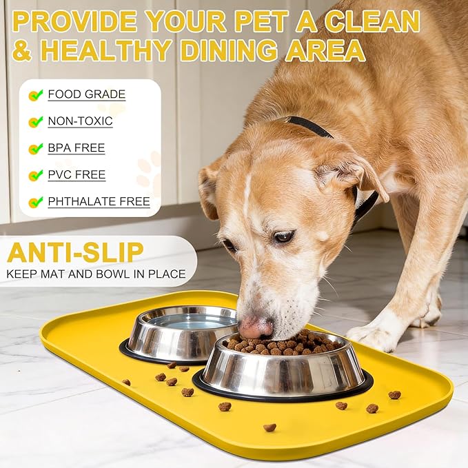 Silicone Pet Food Mat with Raised Edge for Food and Water Bowl, Dog Feeding Mats, Cat Food Trays for Floor Waterproof, Rubber Tray for Dogs and Cats, 24 x 16 x 0.8 Vivid Yellow