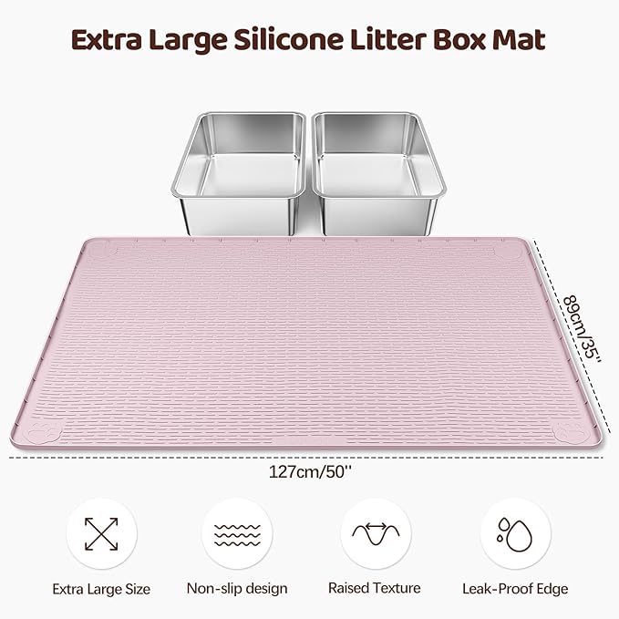 Bartuke Cat Litter Mat, XXL Extra Large 50" x 35" Silicone Mat Litter Trapping Mat for Scatter Control, Soft on Kitty Paws, Easy to Clean (Pink)