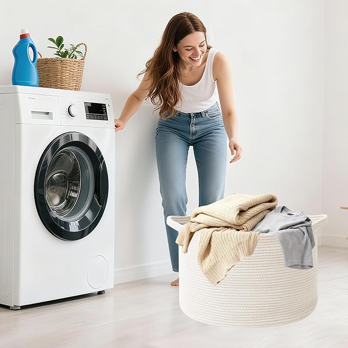 115L Extra Large Woven Cotton Rope Blanket Basket with Handles, Laundry Hamper Storage Bin for Pillows, Comforters,Clothes, Toys, Nursery, Bedroom and Living Room Organization,White