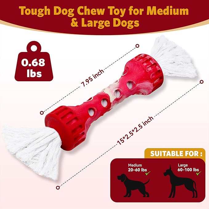 KGPERGU Interactive Tug of War Dog Toy, Durable Teeth Cleaning Chew Toy, Outdoor Fetch and Retrieve Dog Toy, Natural Rubber Bone with Cotton Tassels for Medium and Large Dogs, Cream Scented, Red/White