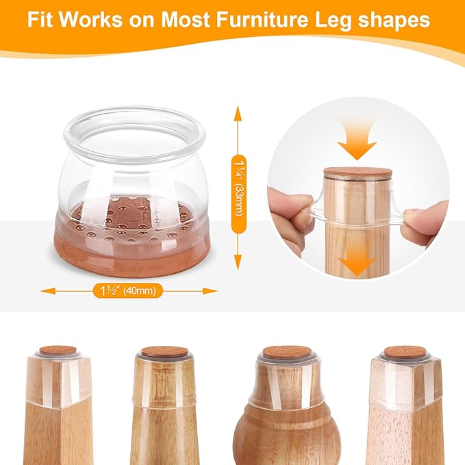 CHUNZEXI 16 Pack Chair Leg Floor Protectors for Hardwood Floors, Silicone Felt Covers Pads Caps, Protect Wood Furniture Feet Floors Noise Reduce and Scratch (Universal Large & Clear)