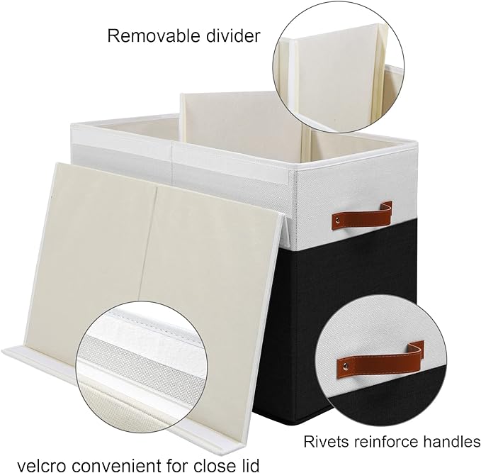 Large Toy Storage Box with Lid, Sturdy Toys Storage Chest Bin Organizer Basket with Dividers for Kids, Boys, Girls, Nursery, Closet, Bedroom, Playroom 25"x13" x16" (Black and White)