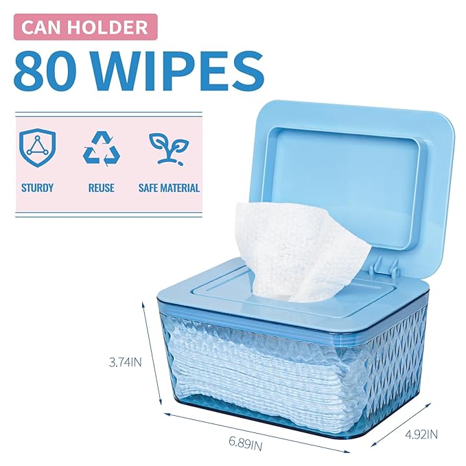 Whiidoom Wipes Dispenser, One-Handed Operation Wipe Holder for Baby & Adult, Seal-Designed Wipes Container for Bathroom Keep Diaper Wipes Fresh (Blue)