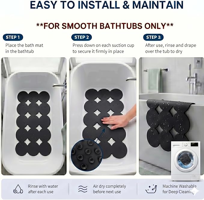 Webos Patented Non Slip Bathtub Mat Shower Mat Bath Mat Tub Mats with Strong Suction Cups Soft Natural Rubber Bath Mat for Inside The tub (Circle-Black, 28x16 inch)