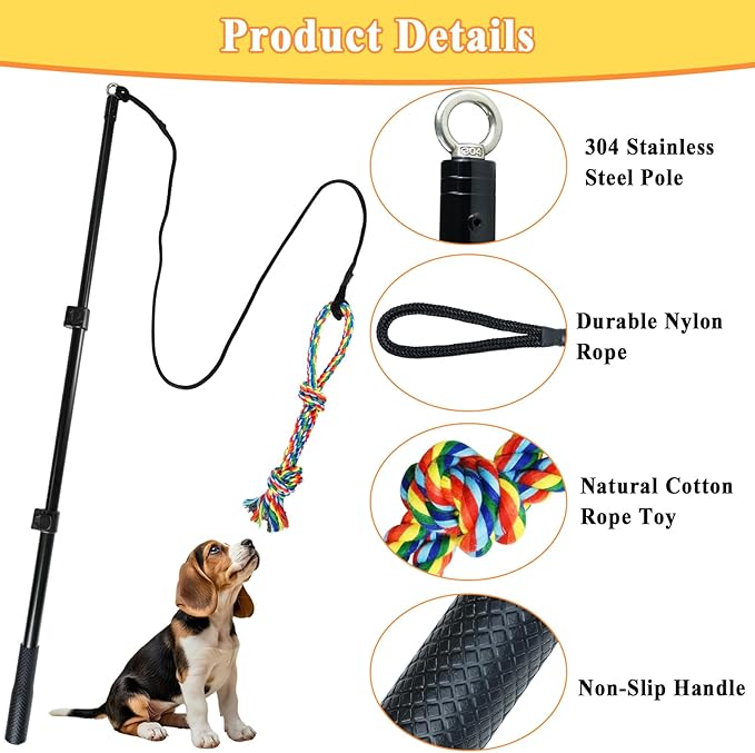 ASOCEA Flirt Pole for Dogs, Heavy Duty Dog Teaser Wand with 3 Replacement Chew Rope, Interactive Tug of War Chase Toy for Small Medium Large Dogs Portable Outdoor Exercise Training Play Equipment