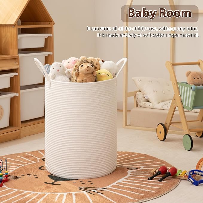 OIAHOMY Large Laundry Basket Hamper - 60L Cotton Rope Woven Basket for Blankets, Toys, Clothes - Tall Decorative Nursery Hamper with Long Handles, White