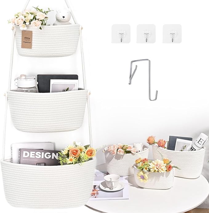 Hanging Storage Baskets, Over The Door Basket, Cotton Wall Baskets Storage, Hanging Door Basket with 4 Hooks
