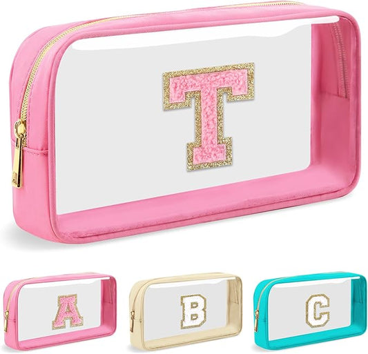 Personalized Initial Letter Clear Makeup Bag,Preppy Small Nylon&PVC Cosmetic Zipper Bag with Chenille Letter,Portable Beach Travel Skincare Toiletry Bag,Trendy Monogram Gift for Teen Girls Women,T