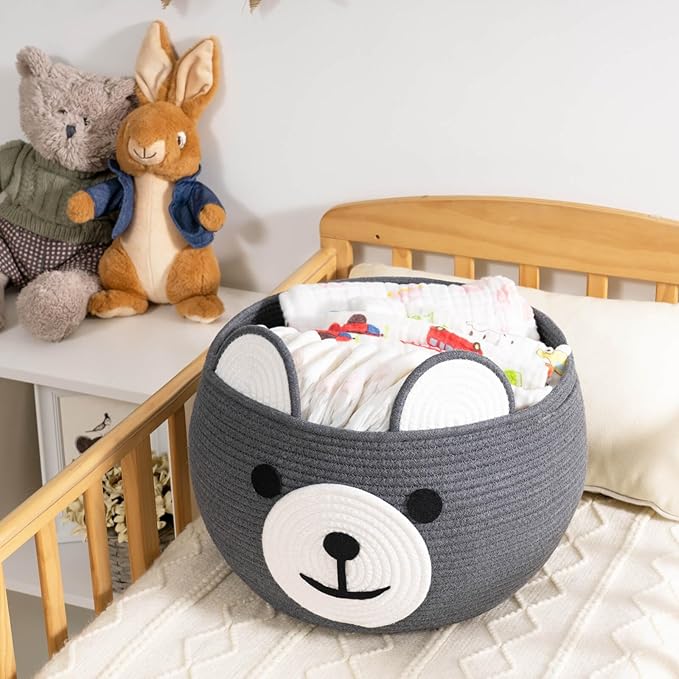 CherryNow Cotton Rope Baby Cute Storage Basket for Organizing, Toy Woven Rope Bear Basket for Kids, Empty Gift Baskets with Handles, Grey, 15.7" D x 10.5" H
