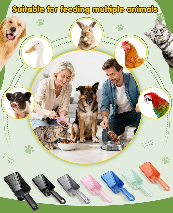 GNEOCO 2 Pack Dog Food Scoop with 1 Cup and 2 Cup Capacity, Plastic Pet Food Measuring Scoops with Clear Measurement Lines for Dogs, Cats & More,Dishwasher safe (Pink and Black)