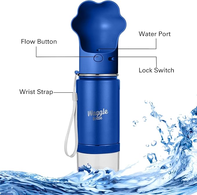 Waggle Bottle Stainless Steel Dog Travel Water Bottle, Vacuum Insulated Portable Dog Water Dispenser, Drink Cup and Snack Container On The Go, Outdoor Walking, Hiking, Travel (Cobalt)