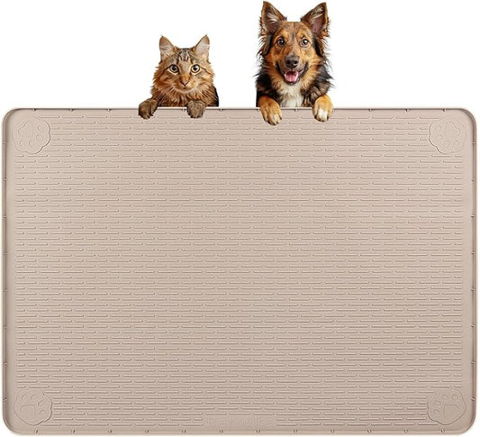 Bartuke Dog Food Mat, Extra Large 34" x 22" Silicone Pet Feeding Mat with Raised Edge Pet Placemat for Small, Medium, and Large Pets Non-Slip, Easy to Clean (Beige)