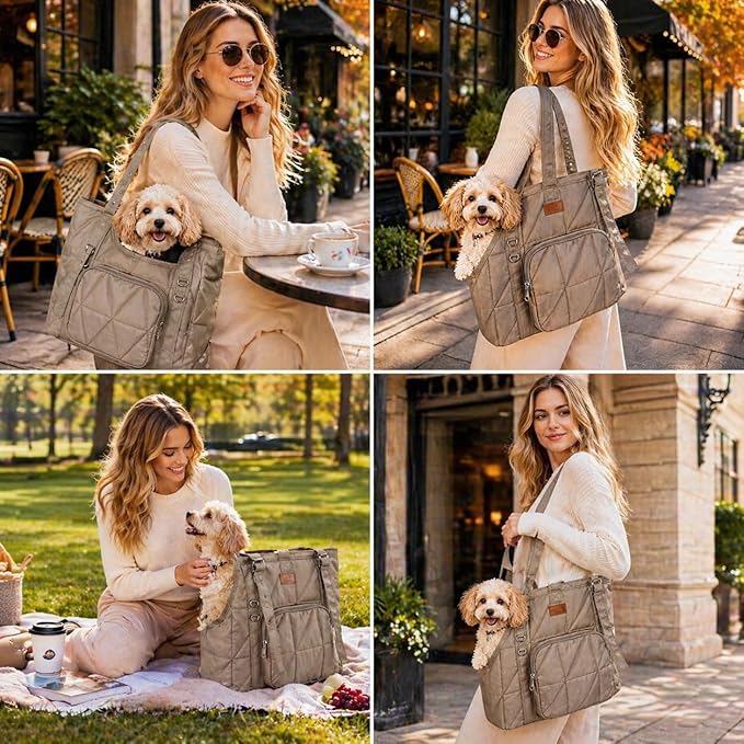 Dog Purse Carriers for Small Dogs and Cats Up to 10 lbs,Puppy Carrier with Pockets,Adjustable Shoulder Strap,Hard Bottom Support,Fuffy Tote Bag for Travel