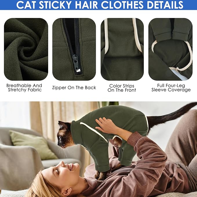 Cat Onesie - Army Green, XXL - Prevents Hair Loss, Sticky Hair Clothes, Pajamas for Cats Only, Hairless Cat Clothes, After Surgery Female, Recovery Long Sleeve