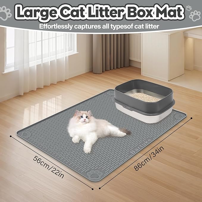 Bartuke Cat Litter Mat, Extra Large 34" x 22" Silicone Mat Litter Trapping Mat for Scatter Control, Soft on Kitty Paws, Easy to Clean (Dark Grey)