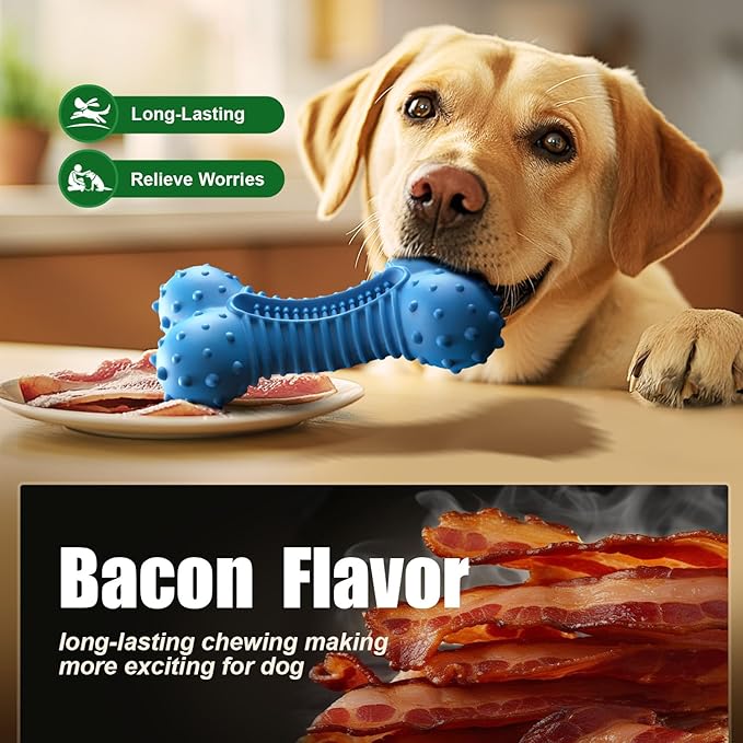 Ouilter Dog Toys for Aggressive Chewers, Chew Toys for Medium Large Dogs, Durable Natural Rubber Toys with Bacon Flavor, Indestructible Dog Toy,Blue