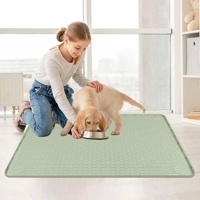 Bartuke Cat Food Mat, 40" x 28" Extra Large Silicone Pet Feeding Mat with Raised Edge Pet Placemat for Food and Water Bowl Non-Slip, Easy to Clean, Floor Protection (Green)