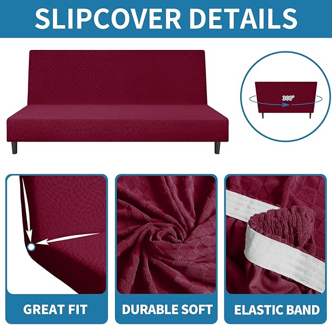 ZNSAYOTX Fashion Futon Cover (67"-82") Stretch Fit Armless Sofa Bed Slipcover, Universal Foldable Sofa Mattress Protector Full Queen Size, Irregular Plaid Texture Jacquard Futon Protector (Wine Red)