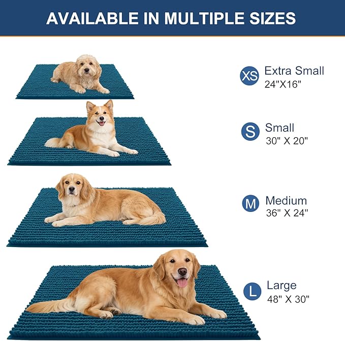OLANLY Dog Door Mat for Muddy Paws 47x24, Ultra Absorbent Chenille Mud Doormat, Non-Slip Washable and Dirt Trapping Doormat for Indoor Entryway, Quick-Dry Indoor Pet Bed Mats for Dogs, Atlantic Blue