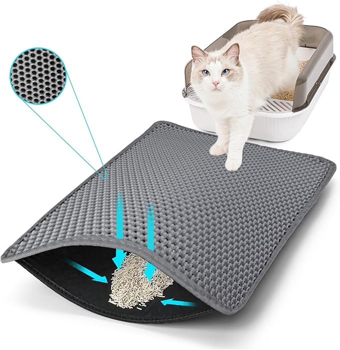 Cat Litter Mat, Kitty Litter Collector, Double Layered Honeycomb Design Waterproof, Anti Urine, Anti Slip, Easy to Clean, Limit Garbage (35"x24", Grey)