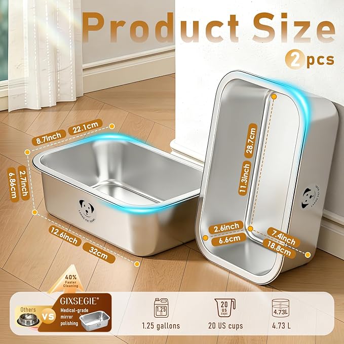 2 Pcs Stainless Steel Dog Bowls for Large Dogs, High Capacity Metal Dog Food Bowls, Food and Water Bowl for Large, X-Large, and Big Dogs 0.85 Gallons
