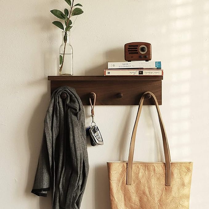Entryway Coat Rack Hooks with Shelf, Sturdy Wooden Floating WallOrganizer Shelf with 4 Hooks siutable for Entrance, Mudroom, Kitchen, Bathroom,.etc(2pc-Walnut Finish)