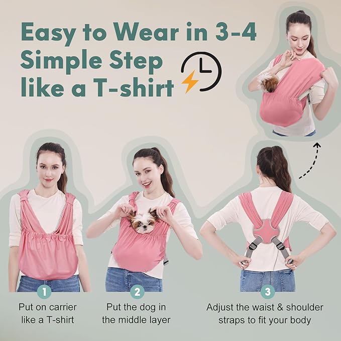 Supet Dog Sling Carrier for Small Pets, Hands Free Cat Sling, Reducing Back Neck Pain Anti-Anxiety Puppy Front, Adjustable Soft Dog Carrying (Pink, Regular 0-9 Lbs)