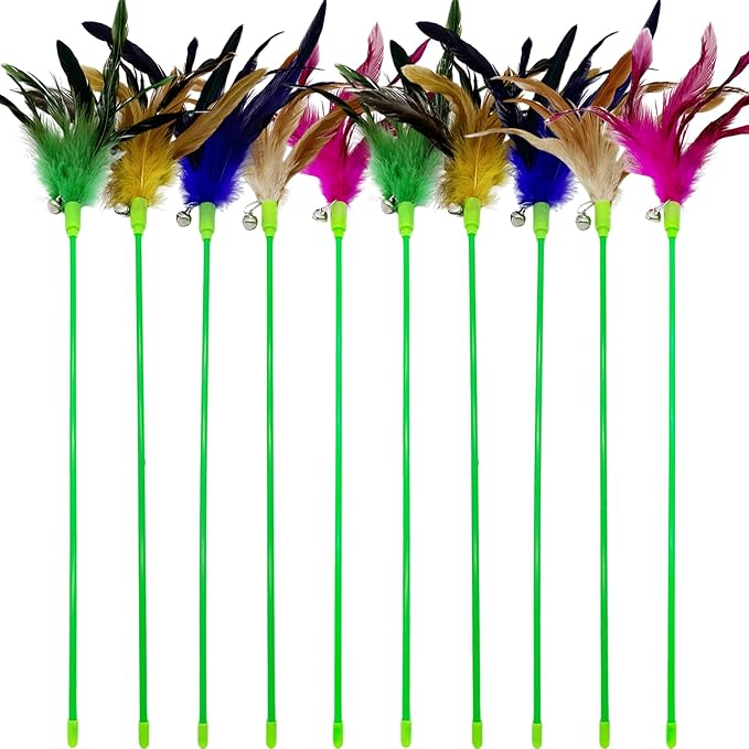 Interactive Cat Wand Feather Toys, 10 Pieces Feathers Stick Cat Toys for Indoor Cats Play