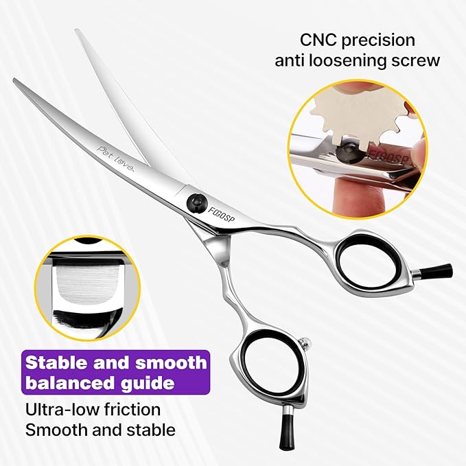 Curved Dog Grooming Scissors 7 in Curve Shears for Pet Dogs Pomeranian Cat Japan 440C 30°Arc Upward & Downward for Trimming Face and Paws at Home(7, Curved)