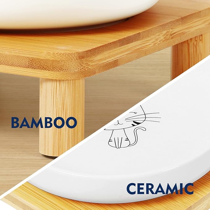 Elevated Cat Bowls for Indoor Cats – Raised Bamboo Cat Food Table with 2 Ceramic Dishes, Adjustable Height (4.25"/3.07"), Set of 1