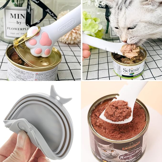 mwellewm 6Pcs Pet Food Can Supplies Set 2Pcs Universal Silicone Can Covers Cat Can Lids 2Pcs Multifuctional Mini Spatula Pet Can Opener and 2 Pcs Dog Spoons for Pets Dogs Cats Feeding Can (Grey)