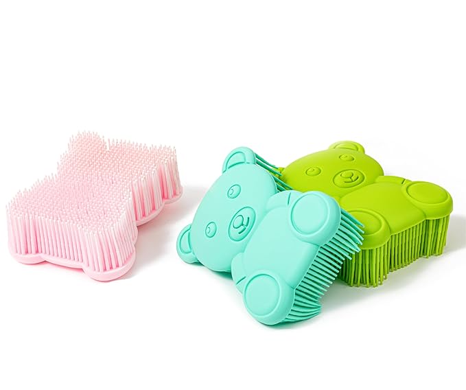 Premium Sensory Brush for Kids or Autism,Soft Silicone Body Scrubber,2 in 1 Sensory Room Occupational Therapy Sensory Brushes,Silicone Loofah,Pet Shower Brush Bath Brush Shampoo Brush(Bear-Pink)