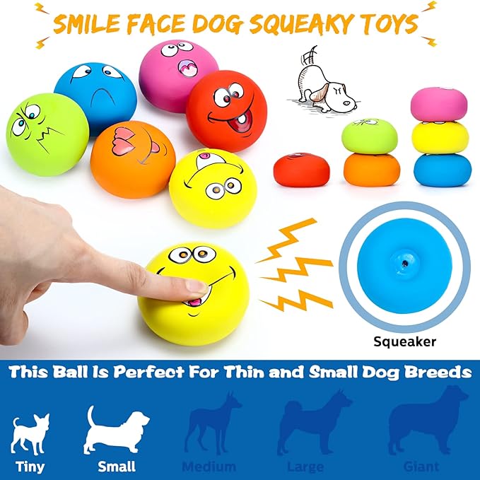 Hungdao 12 Pcs Squeaky Dog Toys Latex Rubber Squeaky Ball Smile Face Emoticon Dog Toys Chewing Interactive Ball Bulk Puppy Lovers Gift for Small Medium Pets Doggie Training(Lively Style)