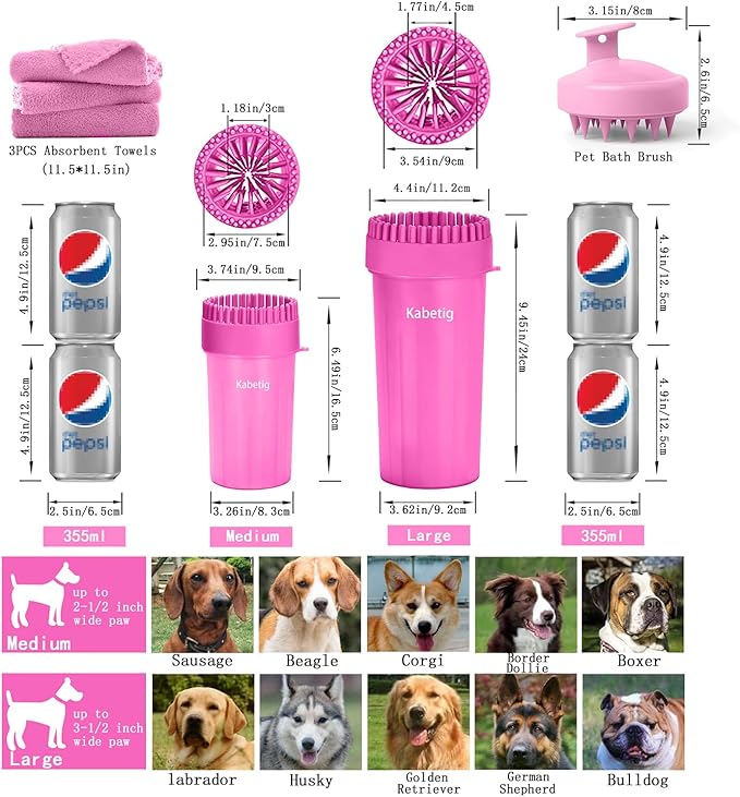 Kabetig Dog Paw Cleaner & Washer for Large/Extra Large Breeds - Muddy Paws Easy Cleaning Cup for Big Dogs - Includes 3 Absorbent Towels(Pink)