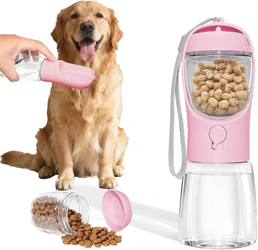 Portable Dog Water Bottle with Food Container, BPA Free Travel Water Bottle for Dogs, 2-in-1 Dispenser Drinking Feeder for Pets Walking, Hiking, Travel, Puppy Essentials, Pink, 12oz